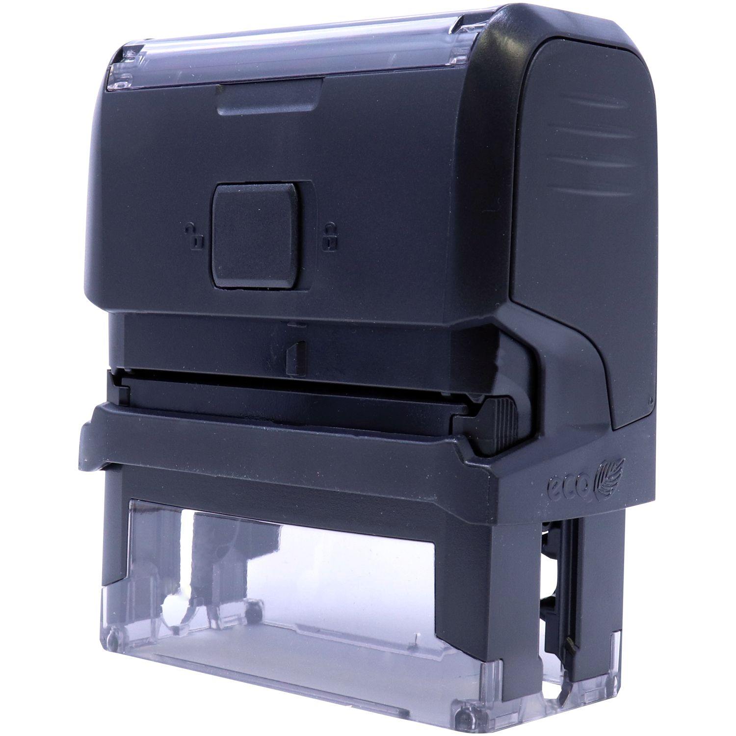 Black Self Inking Progress Stamp with a transparent base and eco-friendly design, shown from the back view.