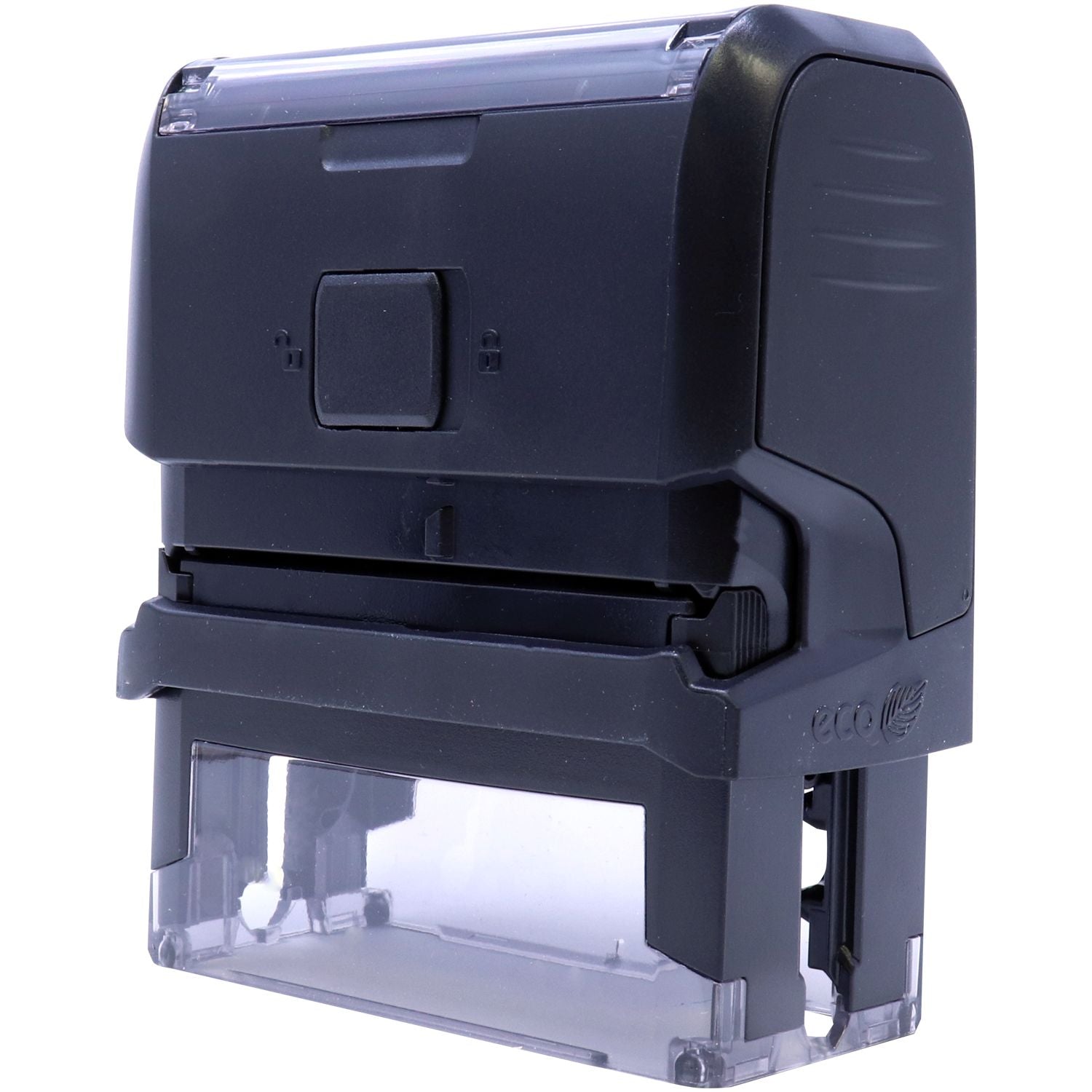 Black Self Inking State Seal Notary Stamp with a transparent base and eco-friendly design, shown from the back view.