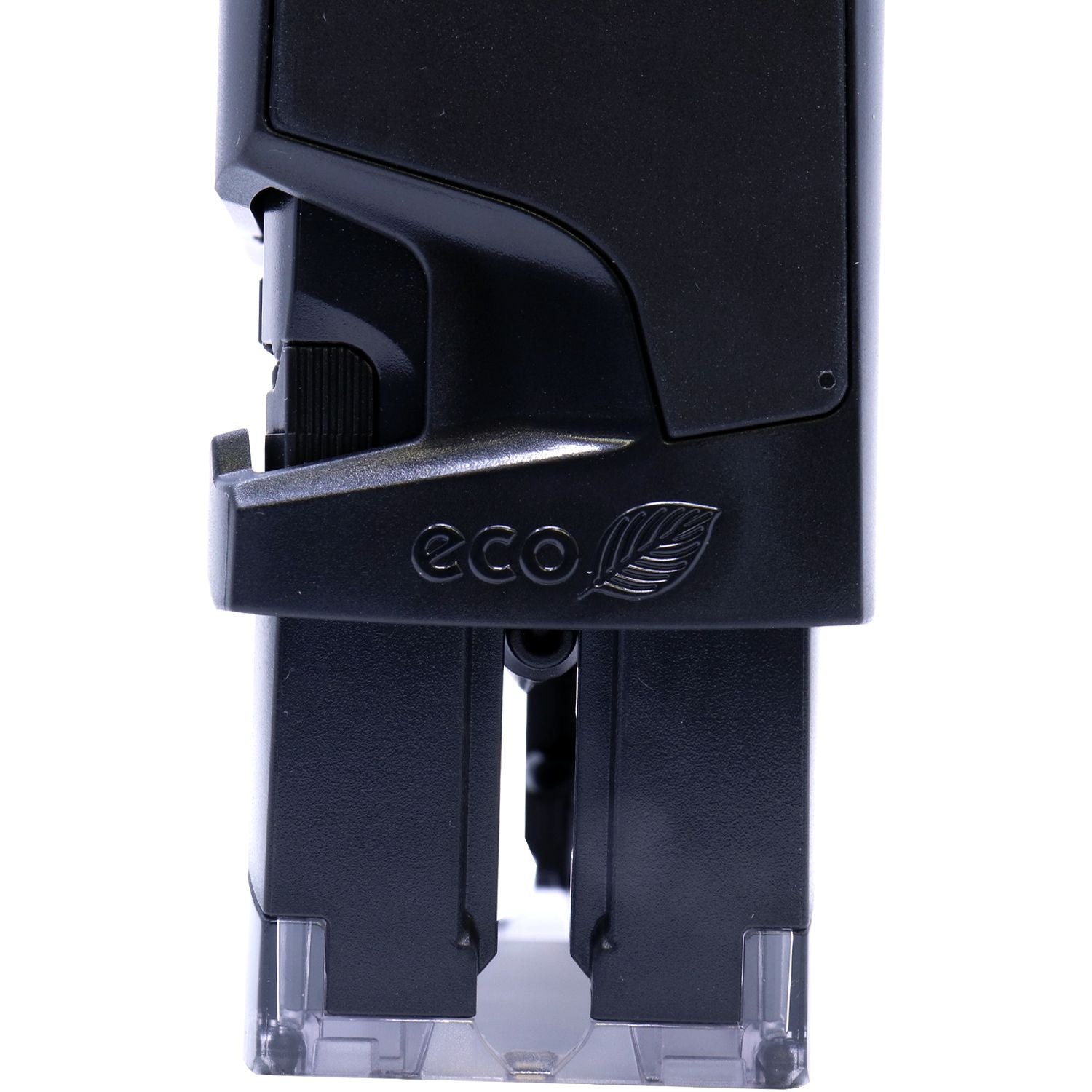 Close-up side view of the Self Inking State Seal Notary Stamp, showing the eco-friendly logo on its black casing.