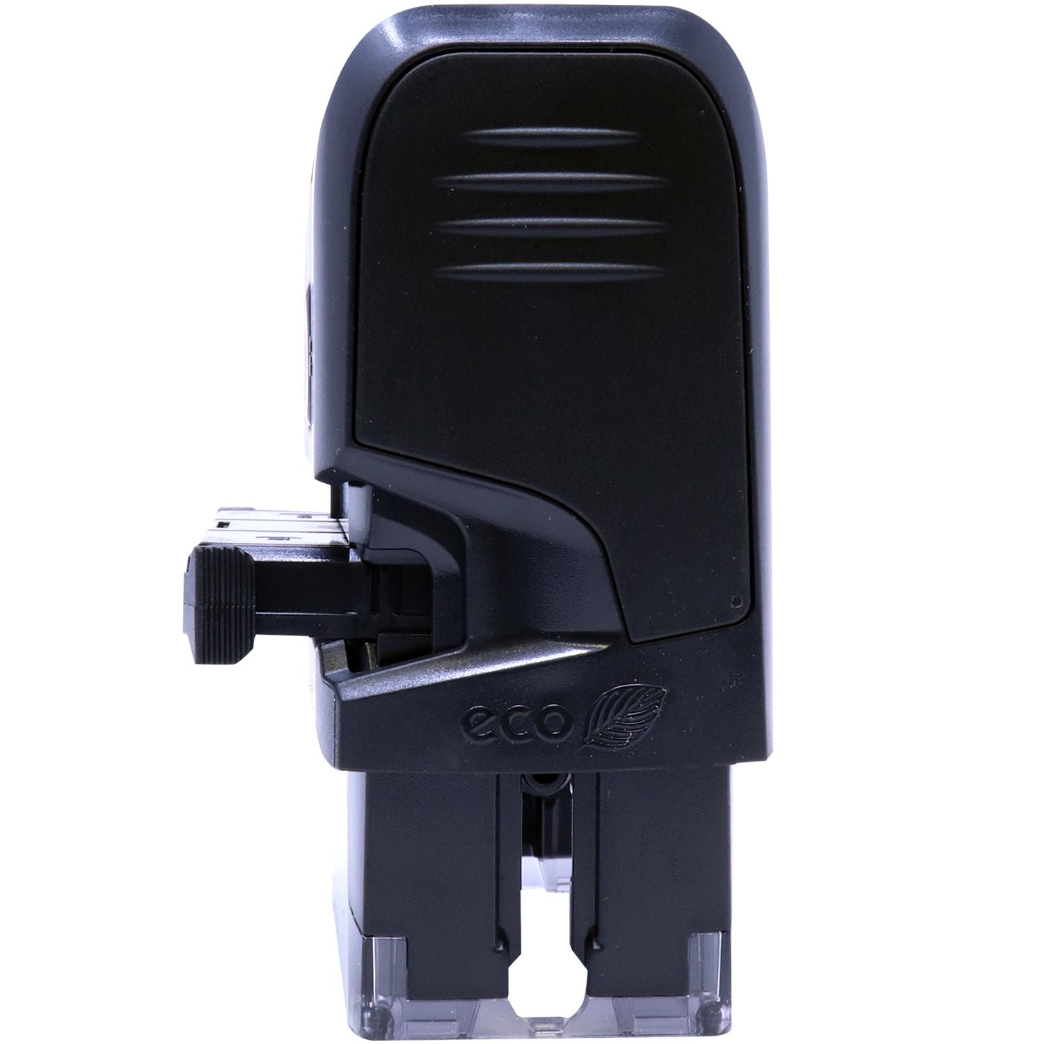 Black 4 Line Self Inking Address Stamp with eco-friendly design, side view showing the ink pad partially extended.