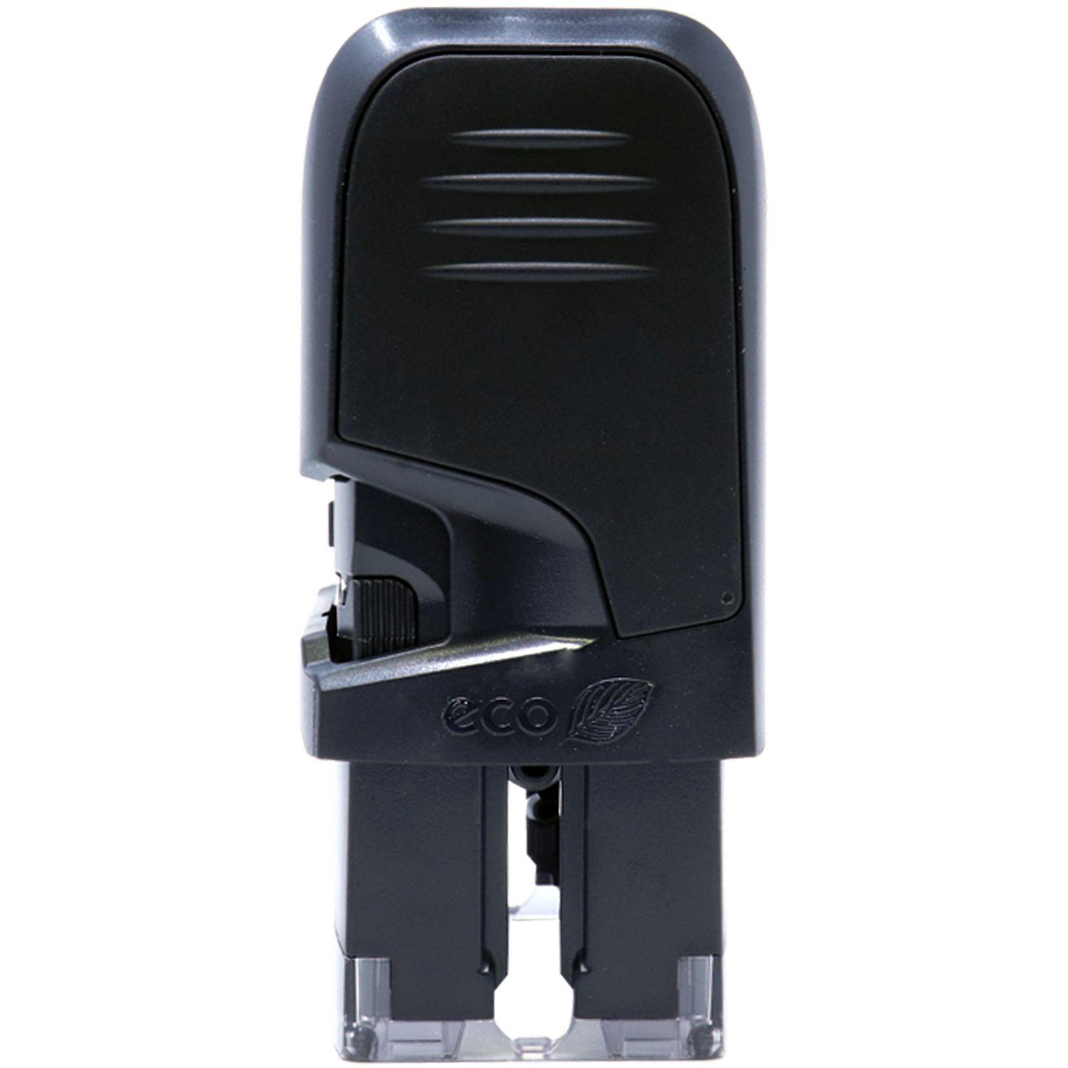 Black Self Inking Preliminary Stamp with eco-friendly design, side view showing ergonomic grip and transparent base for precise stamping.