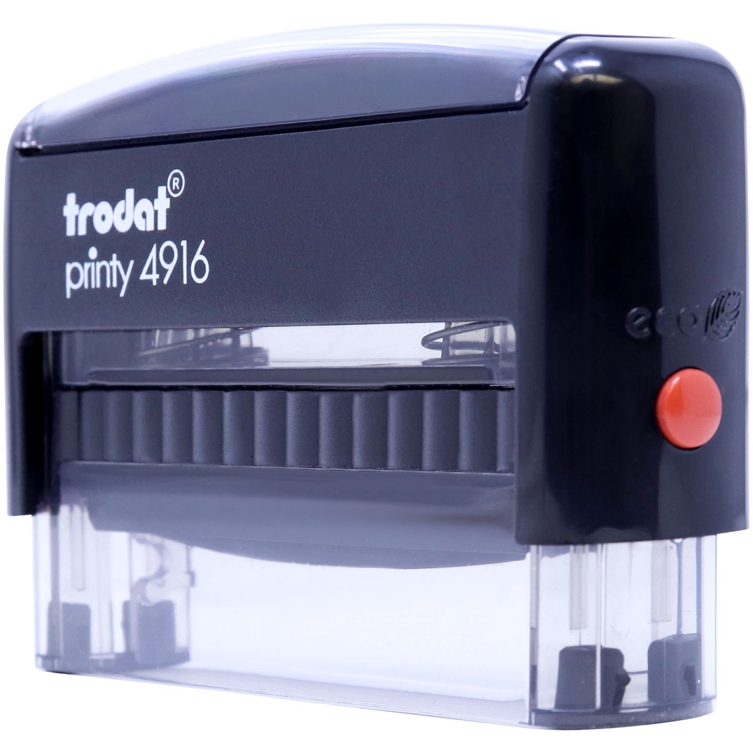 Custom Self Inking Stamp Trodat 4916 Size 3/8 x 2-3/4, black with a red button, side view showing the stamp mechanism and branding.