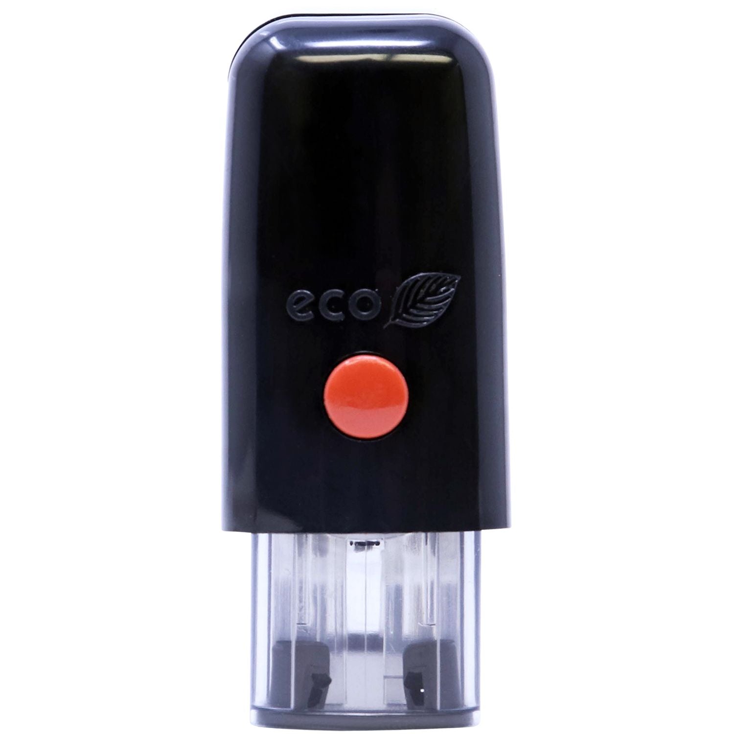 Custom Self Inking Stamp Trodat 4916 Size 3/8 x 2-3/4, black with a red button and eco-friendly logo, side view.