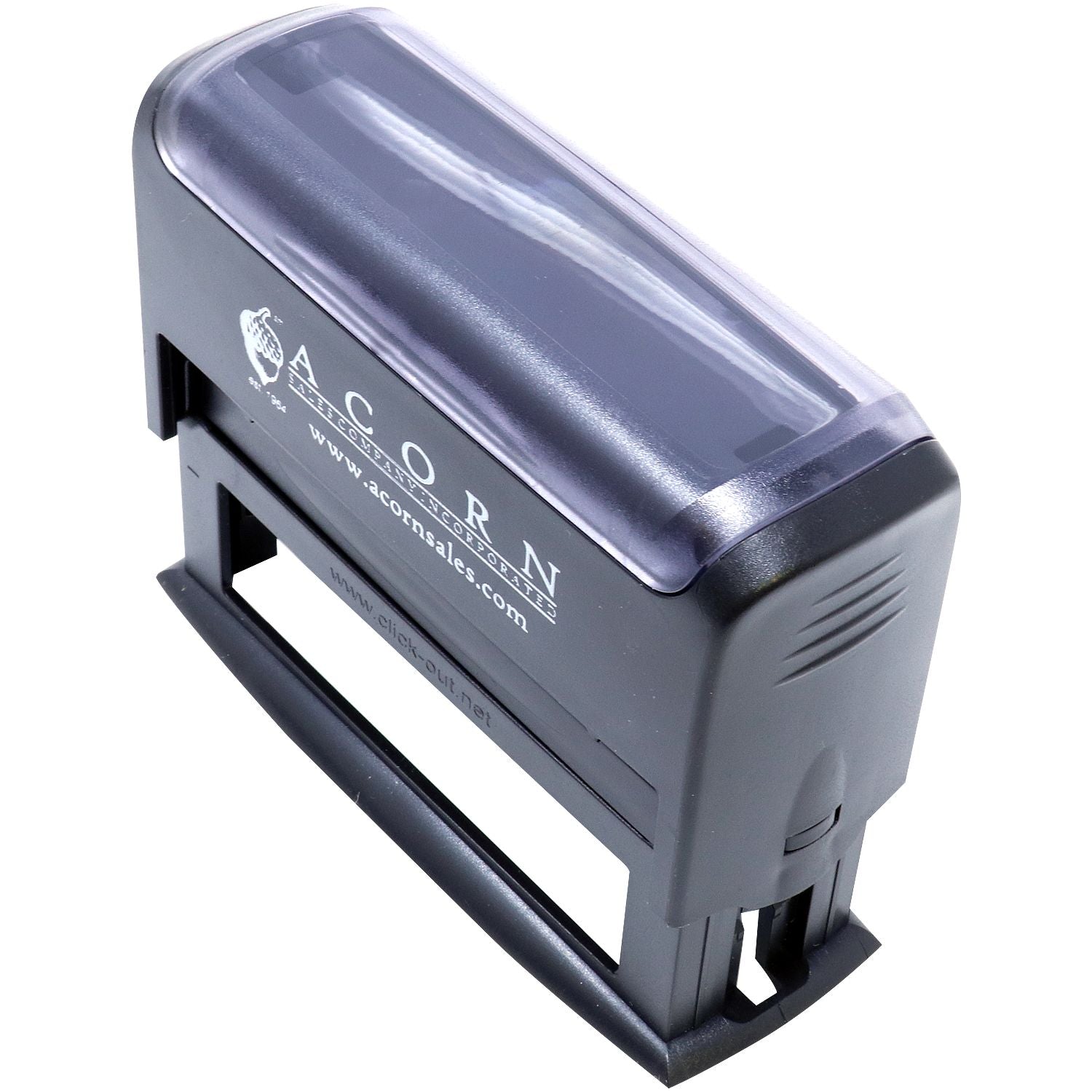 Black Self Inking Identification Stamp with a transparent cover, branded with Acorn and website URL, shown in an angled back view.