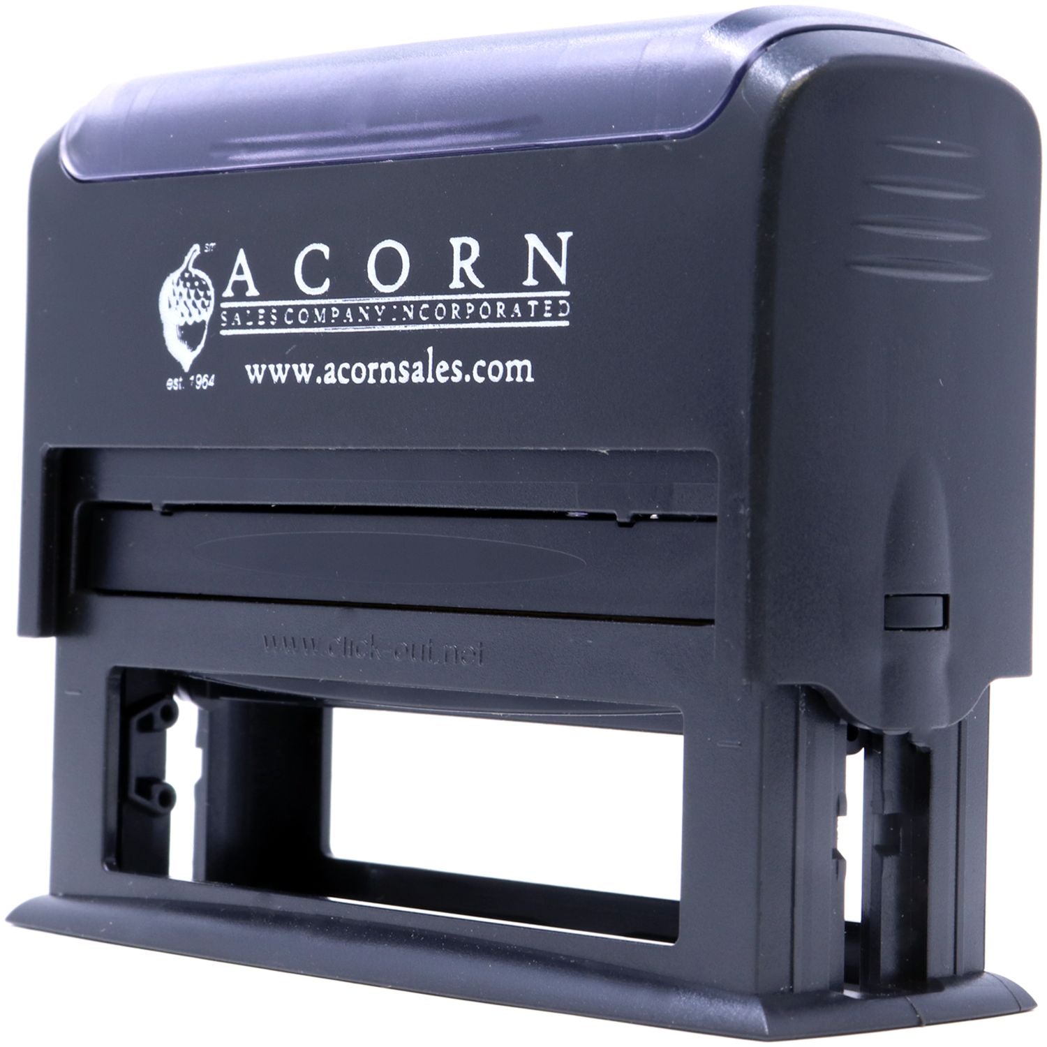 Self Inking Identification Stamp by Acorn Sales, black casing, angled back view, with company logo and website on the top.