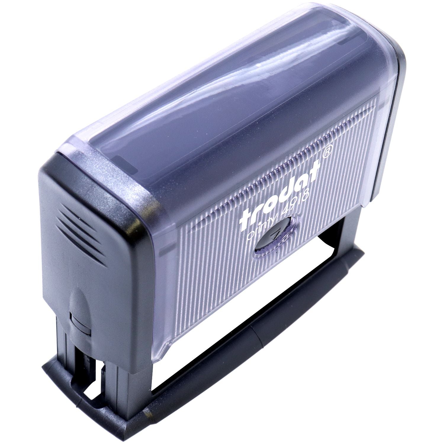 Custom Self Inking Stamp Trodat 4918 Size 5/8 x 3 in black, angled front view, showing the clear cover and sturdy design.