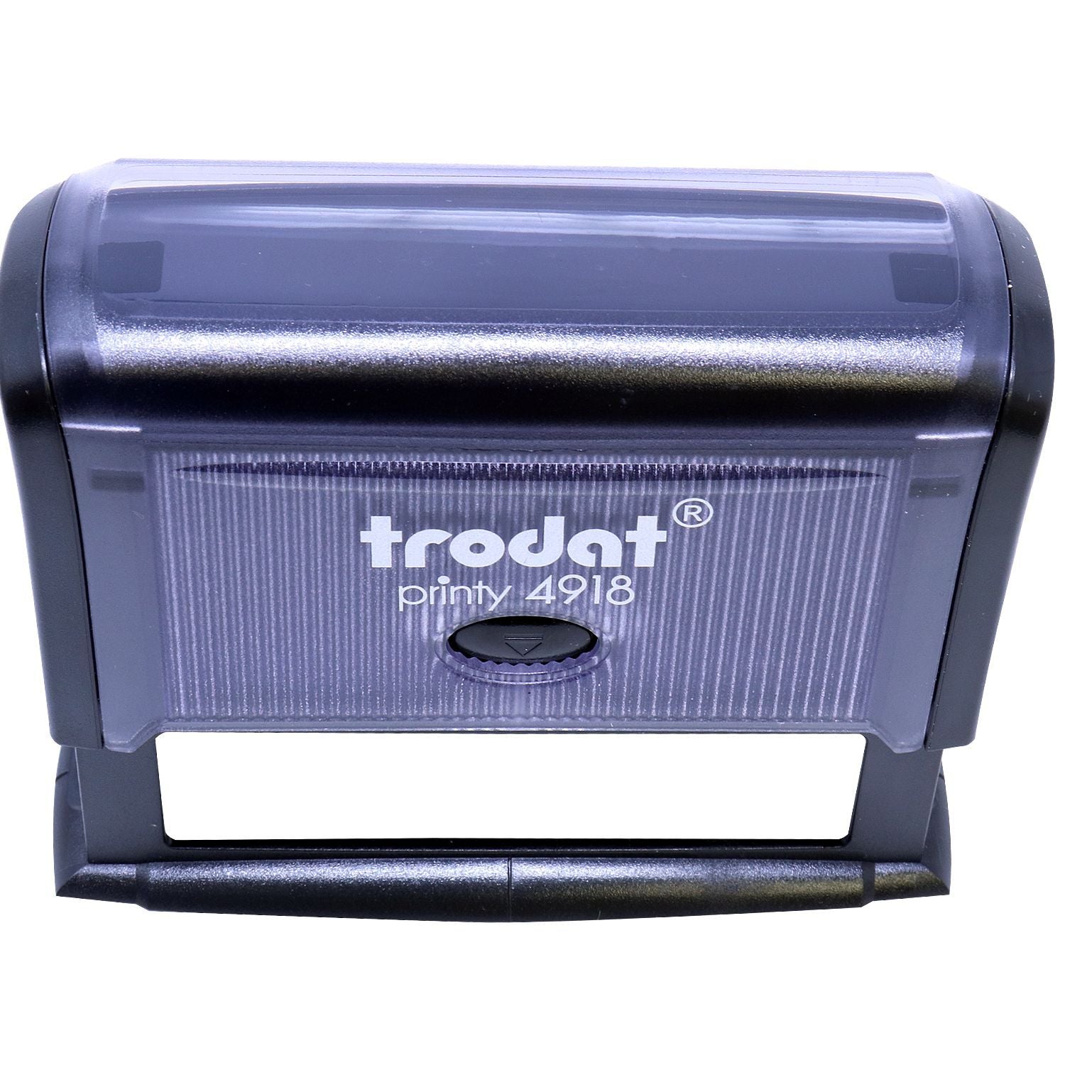 Custom Self Inking Stamp Trodat 4918 Size 5/8 x 3, angled front view showing the transparent cover and black base.