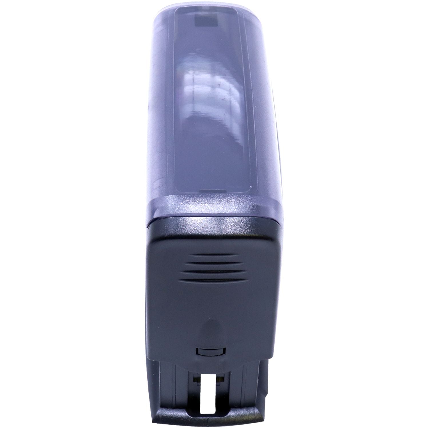 Self Inking Identification Stamp, black and grey, angled side view, showing the compact and sleek design suitable for office use.