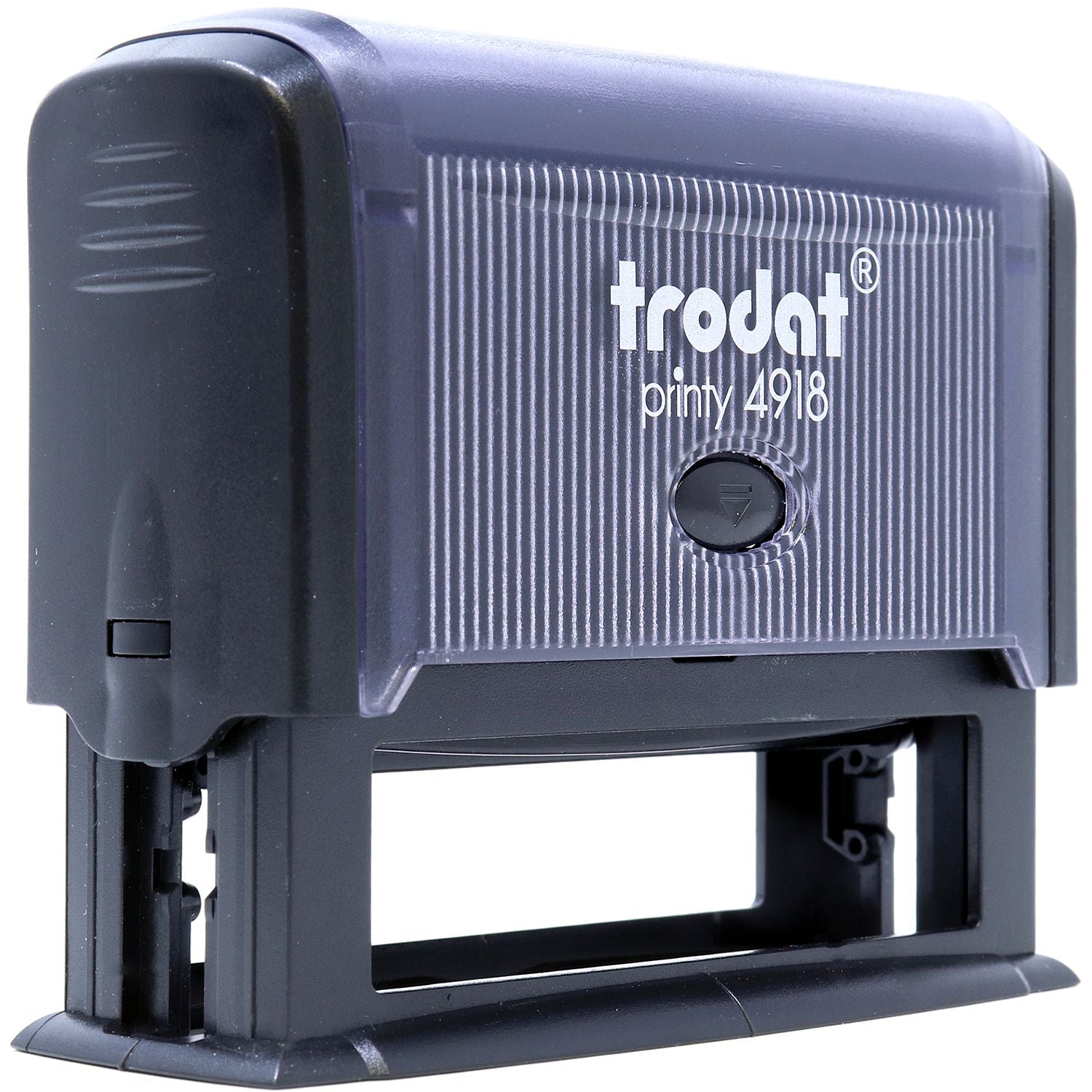 Self Inking Identification Stamp Trodat Printy 4918, black and grey, angled front view showing the stamp mechanism and branding.