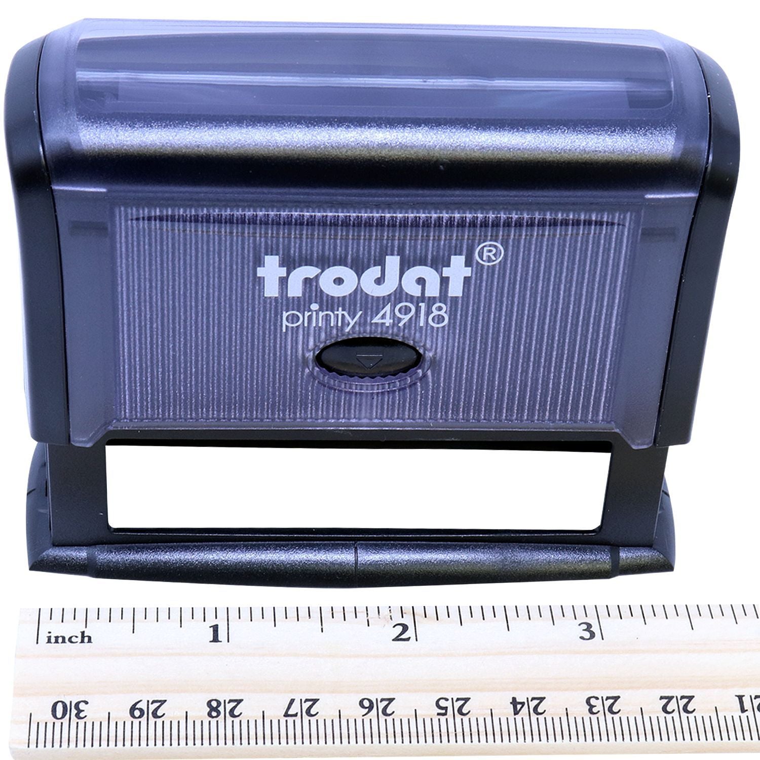 Custom Self Inking Stamp Trodat 4918 Size 5/8 x 3 inches, shown in front view with a ruler for scale.