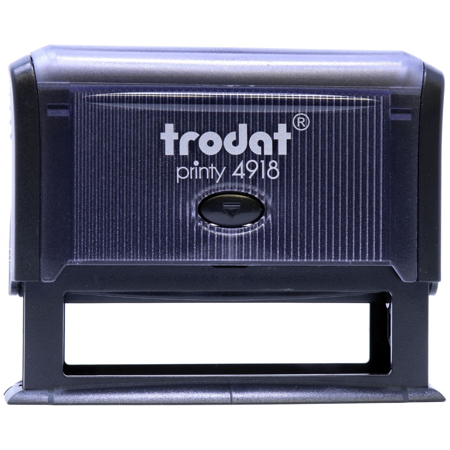 Self Inking Identification Stamp Trodat Printy 4918, front view with cap, black casing, clear imprint window, compact and durable design.