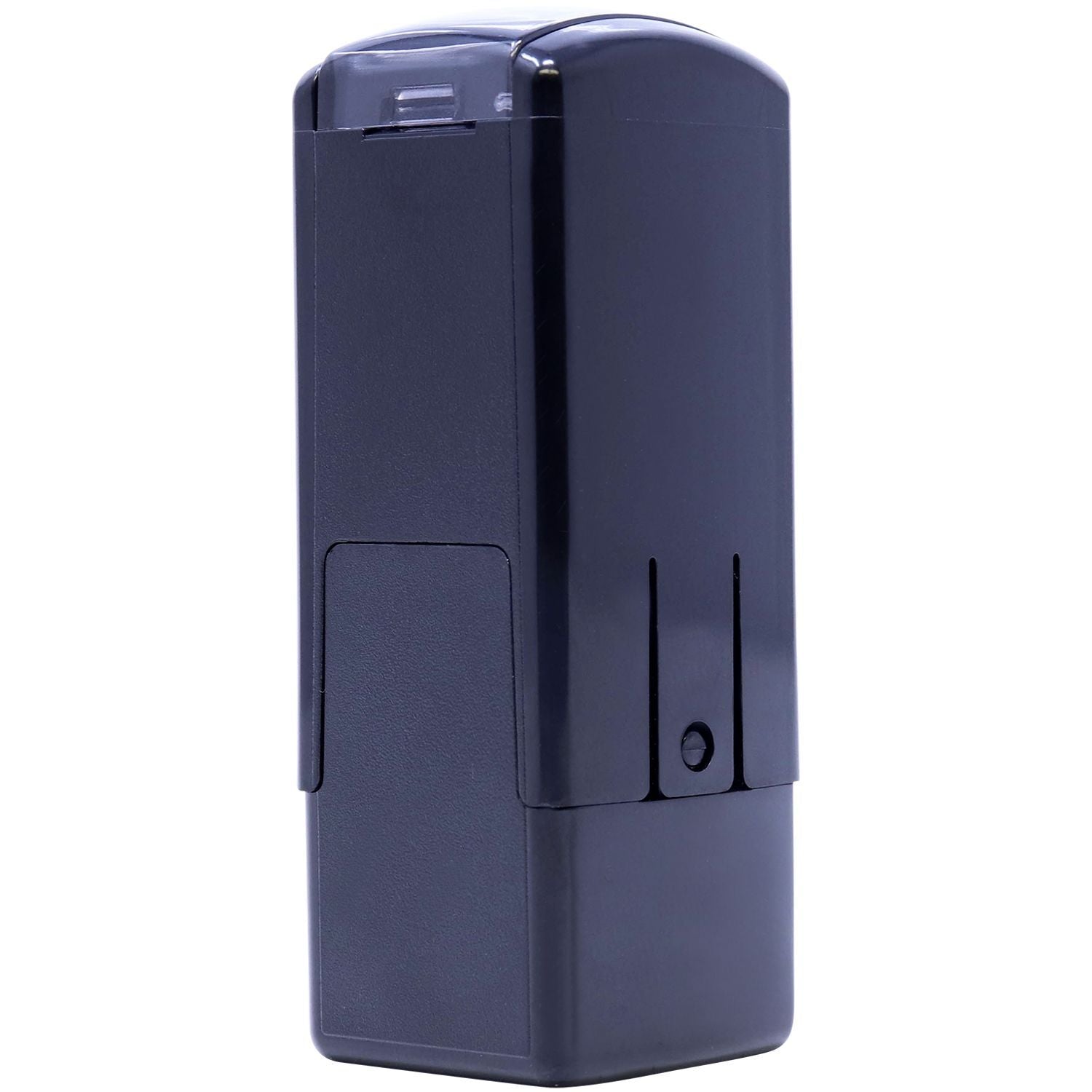 Custom Self Inking Stamp Trodat 4921 Size 1/2 x 1/2, black, shown with cap on, back side view.