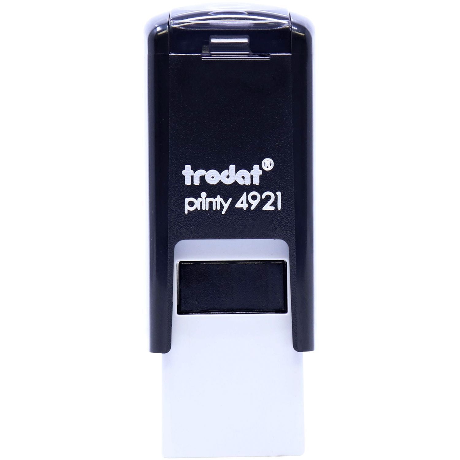 Custom Self Inking Stamp Trodat 4921 Size 1/2 x 1/2, black and white, front view with cap off, showing the stamp mechanism.