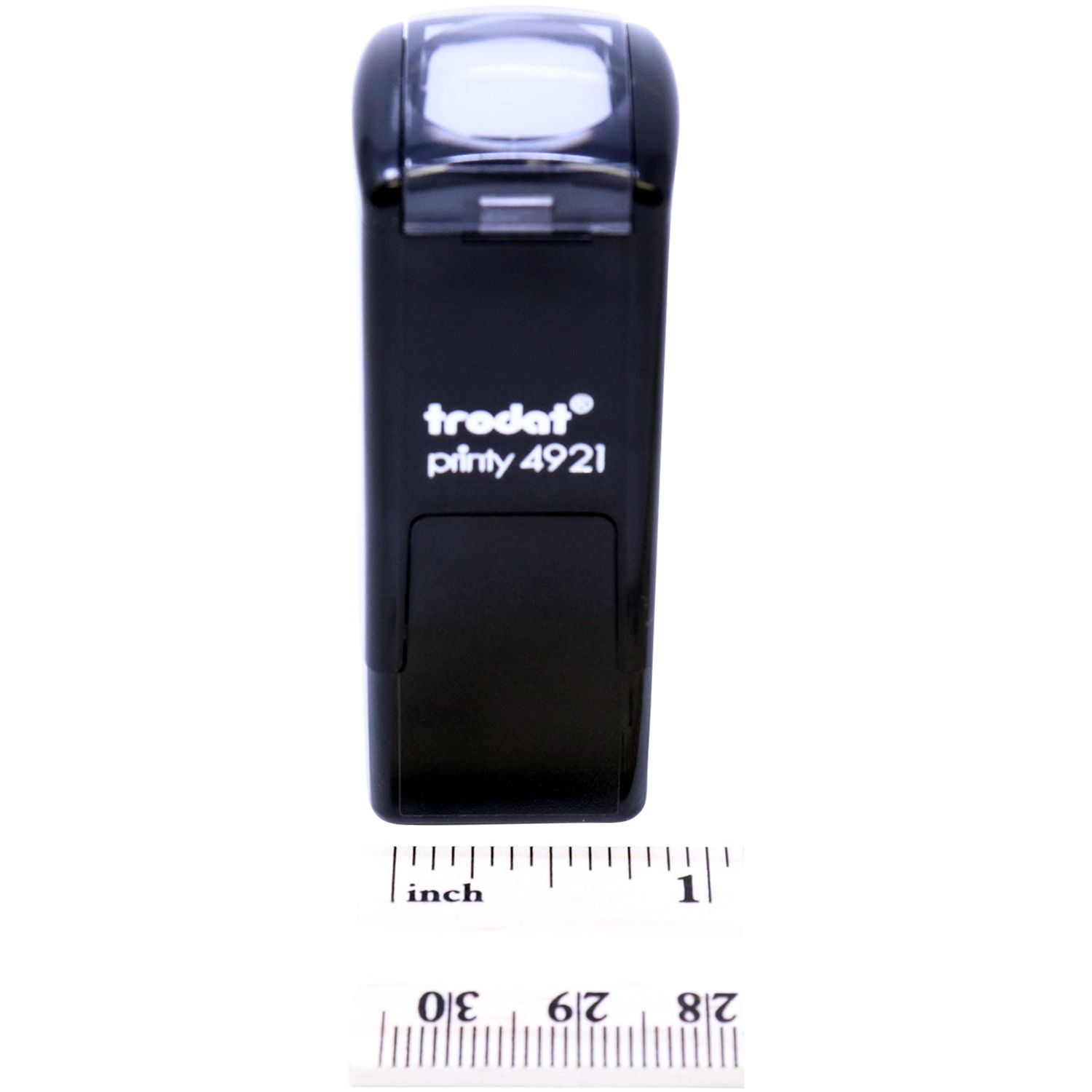 Custom Self Inking Stamp Trodat 4921 Size 1/2 x 1/2, black, front view with measurement ruler showing 1/2 inch size.