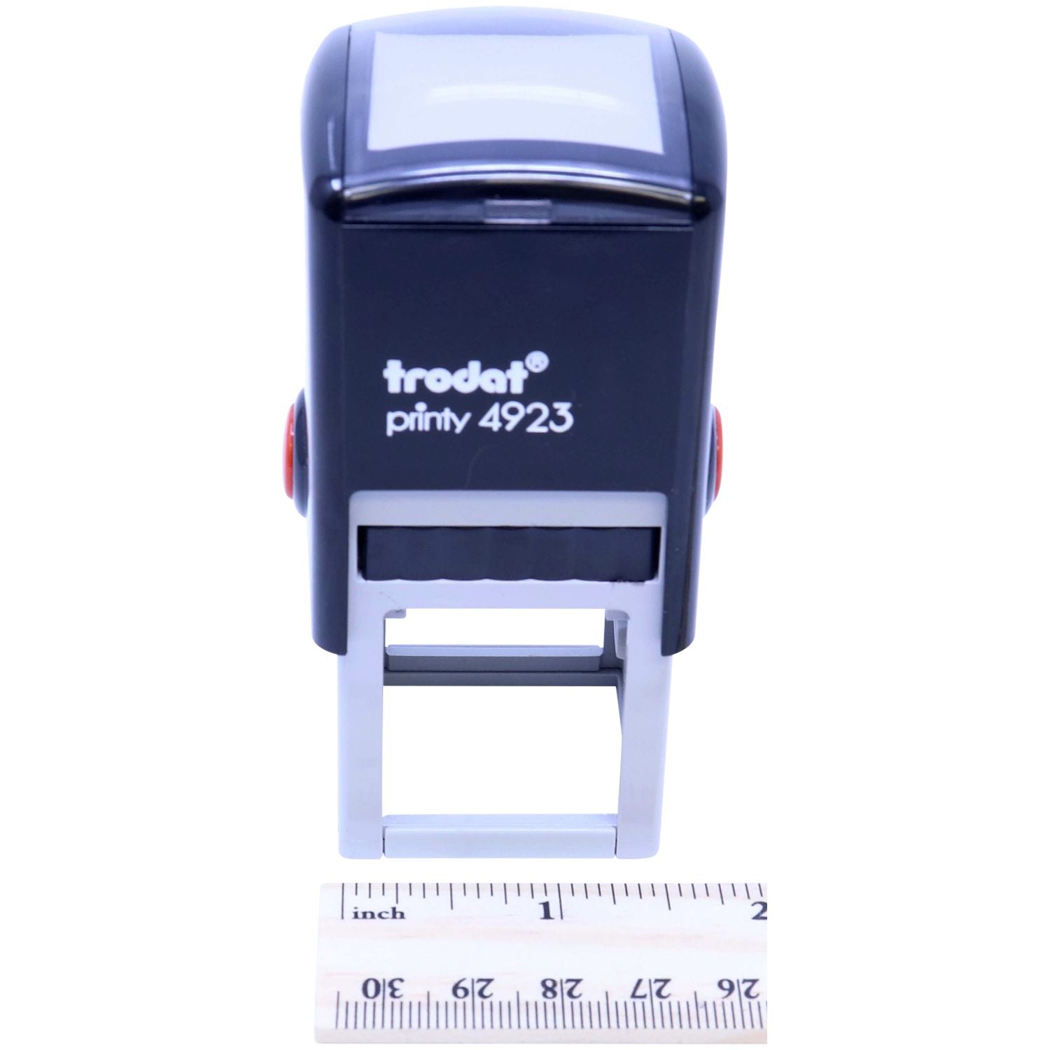 Custom Self Inking Stamp Trodat 4923 Size 1-3/16 x 1-3/16, front view with a ruler showing measurements in inches.