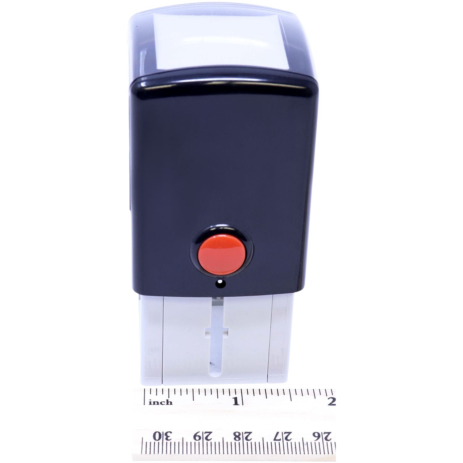 Custom Self Inking Stamp Trodat 4923 Size 1-3/16 x 1-3/16, black with a red button, shown next to a ruler for scale.