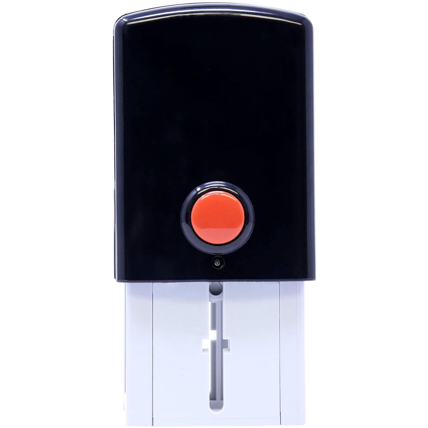 Custom Self Inking Stamp Trodat 4923 Size 1-3/16 x 1-3/16, black and white with a red button, shown in a side view.