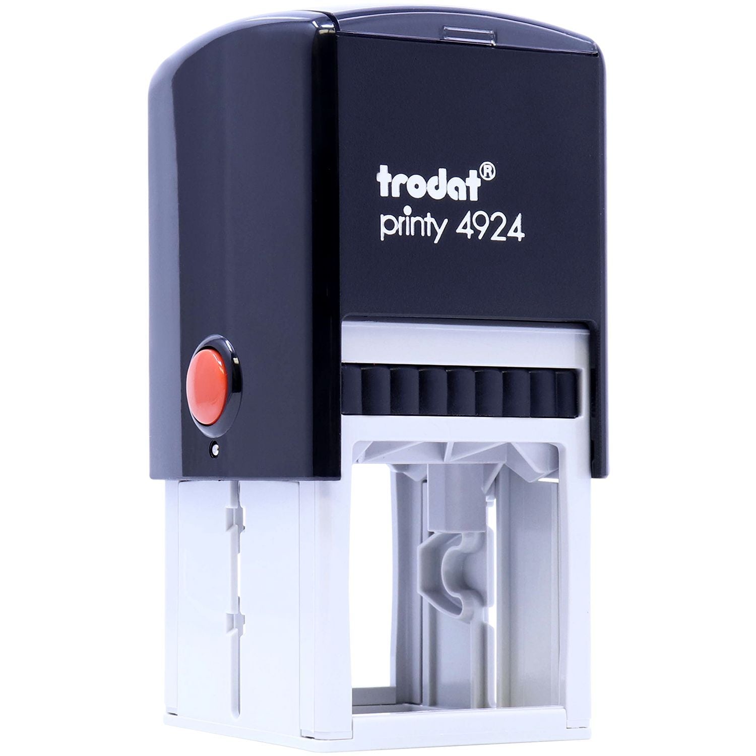 Custom Self Inking Stamp Trodat 4924 Size 1-5/8 x 1-5/8, black and white, front angled view with red button on the side.