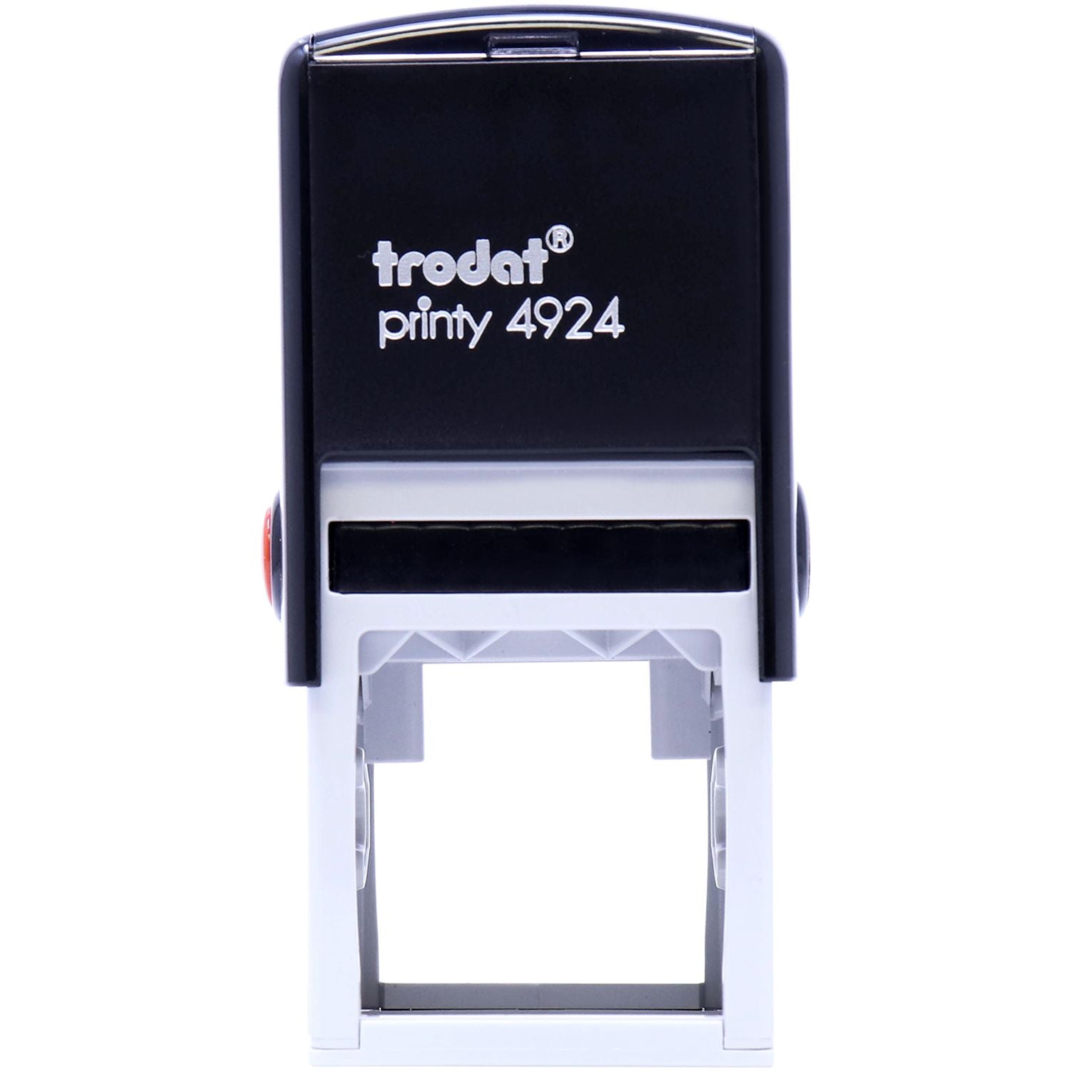 Custom Self Inking Stamp Trodat 4924 Size 1-5/8 x 1-5/8, black and white, front view showing the imprint area and brand name.