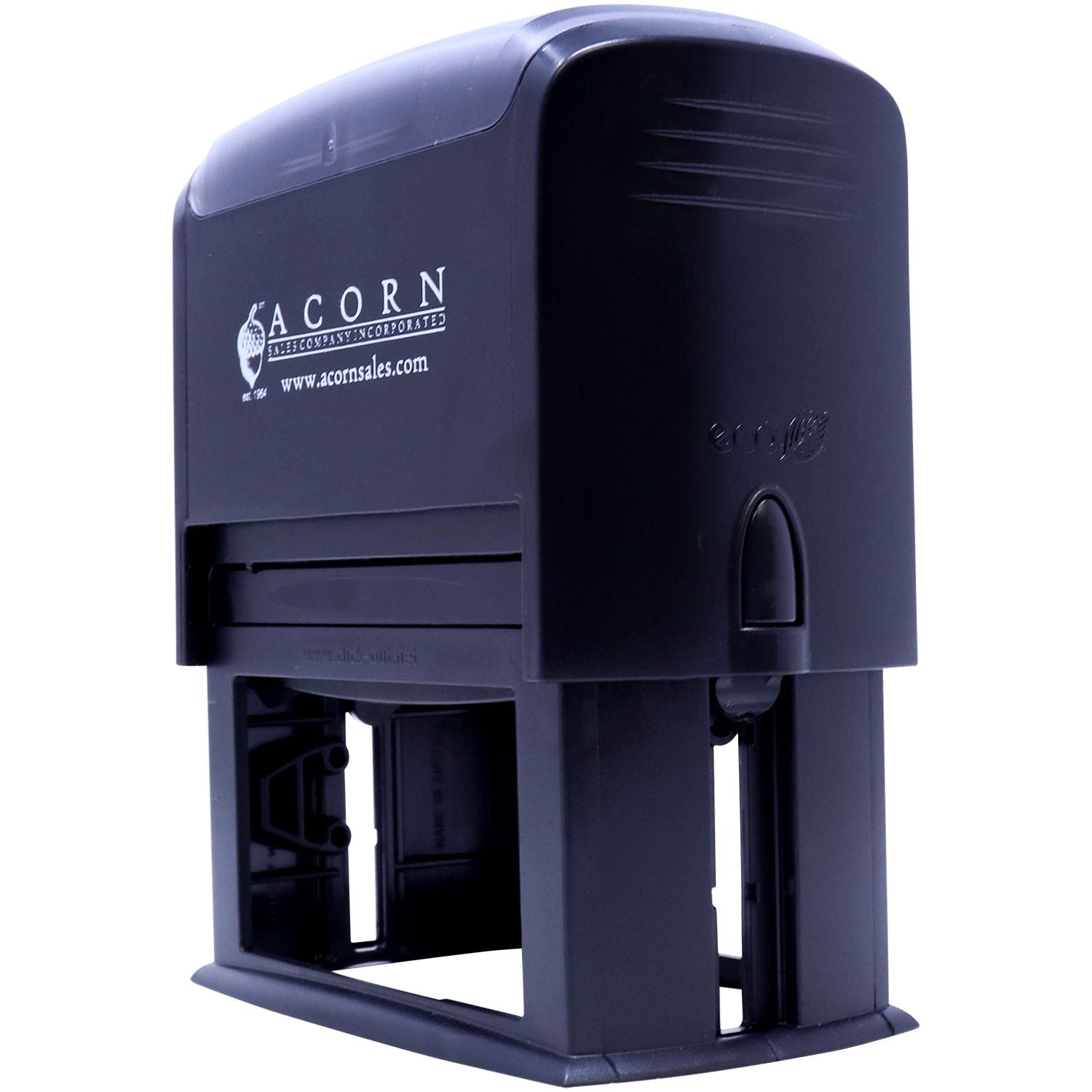 Black Self Inking Acknowledgment Stamp with Acorn logo, angled back view, showing the stamp mechanism and sturdy design.