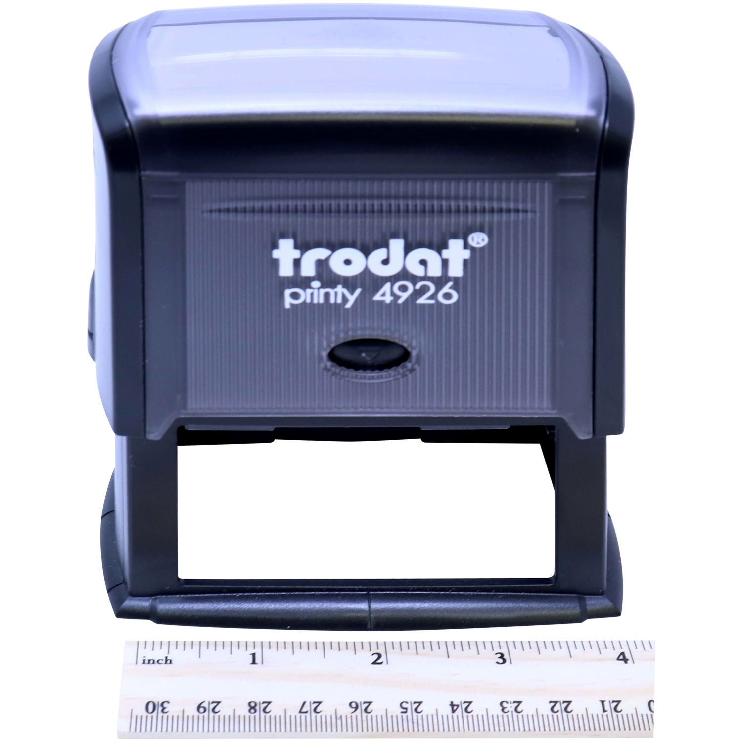 Self Inking Notary Jurat Stamp Trodat Printy 4926, front view with a ruler for scale, showing the stamp's compact design.