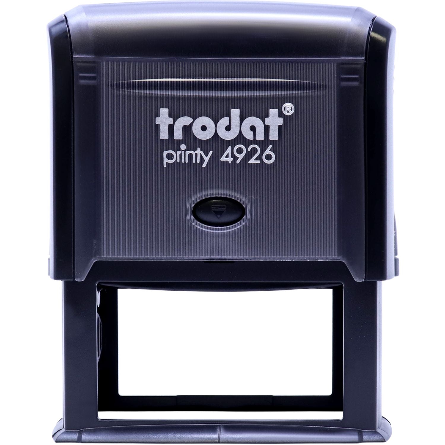 Self Inking Notary Certified Copy Stamp, Trodat Printy 4926, black casing, front view, ready for use.