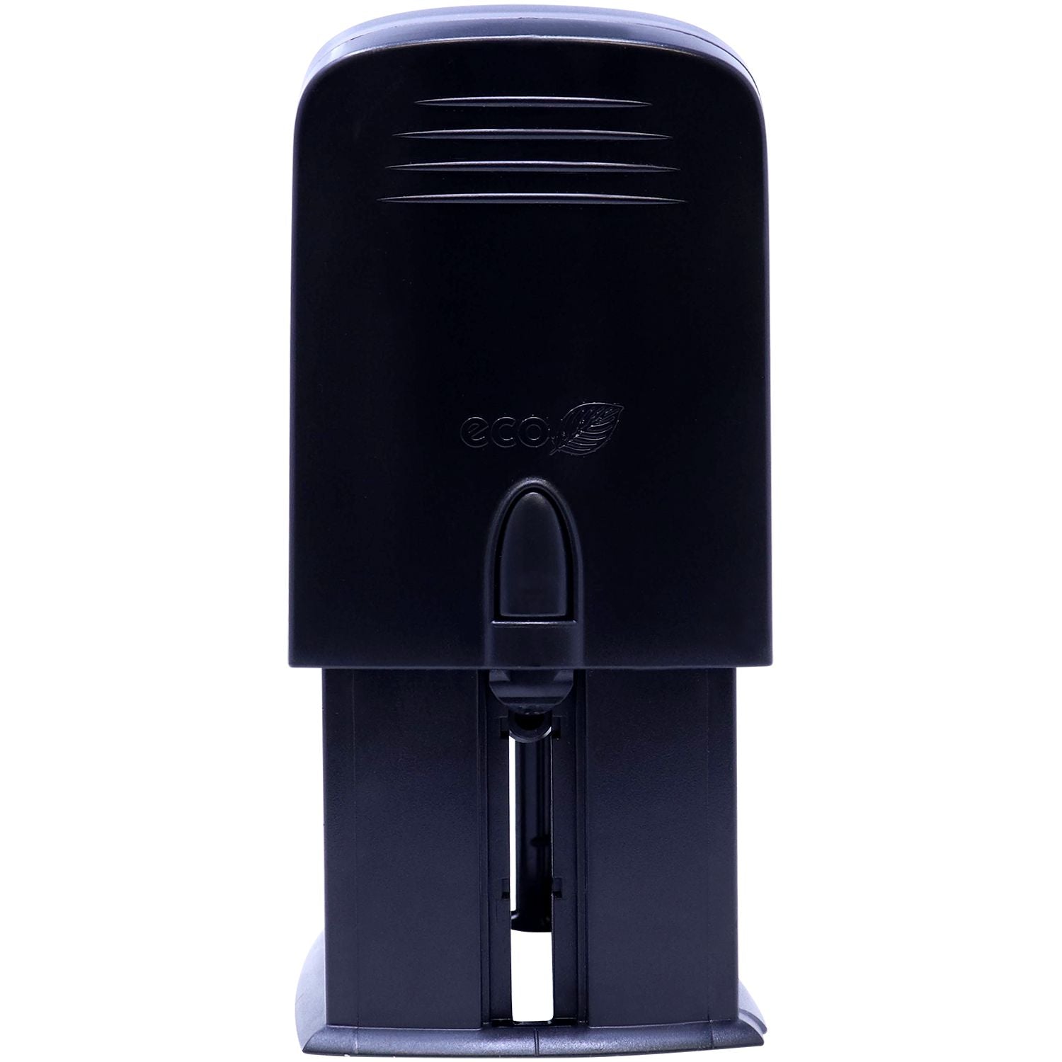 Black Self Inking Acknowledgment Stamp with eco-friendly design, shown from an angled side view.