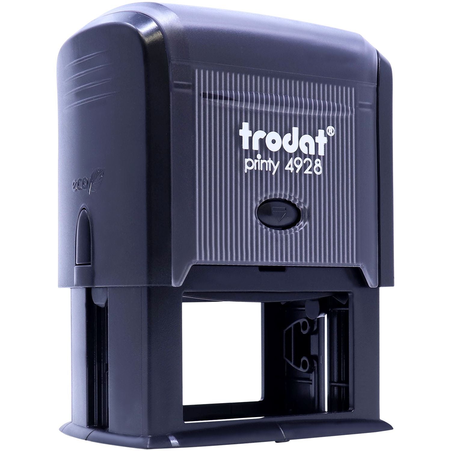 Custom Self Inking Stamp Trodat 4928 Size 1-5/16 x 2-3/8, black casing, front angled view showing the stamp mechanism and branding.