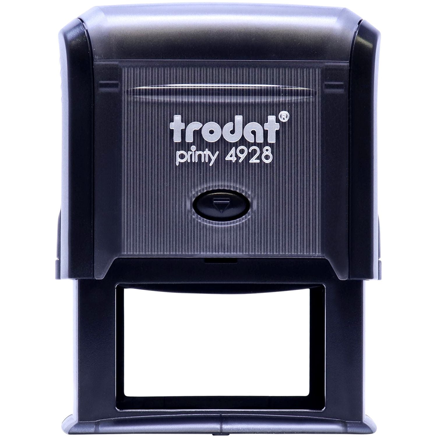 Front view of Custom Self Inking Stamp Trodat 4928 Size 1-5/16 x 2-3/8, featuring a black casing and clear imprint area.