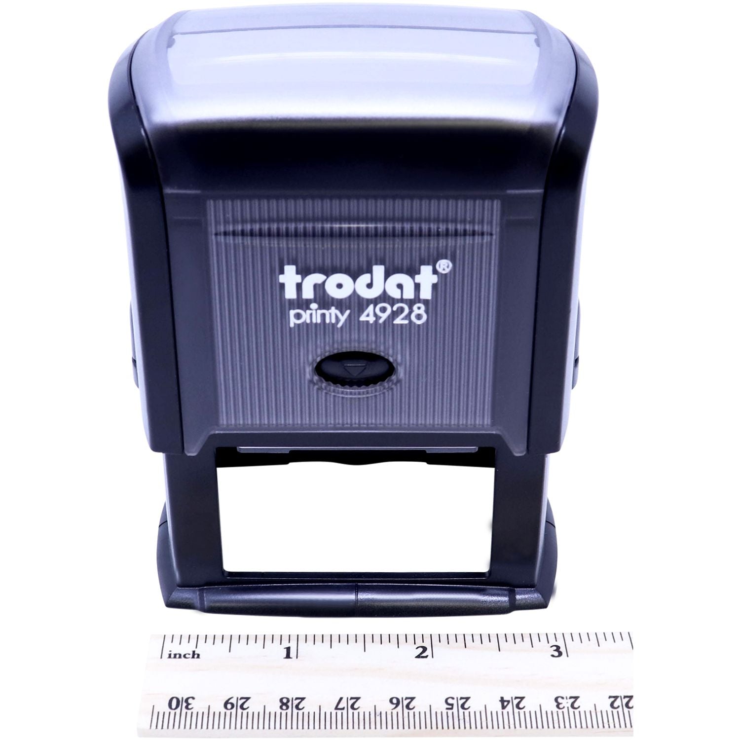 Custom Self Inking Stamp Trodat 4928 Size 1-5/16 x 2-3/8, shown front view with a ruler for scale.