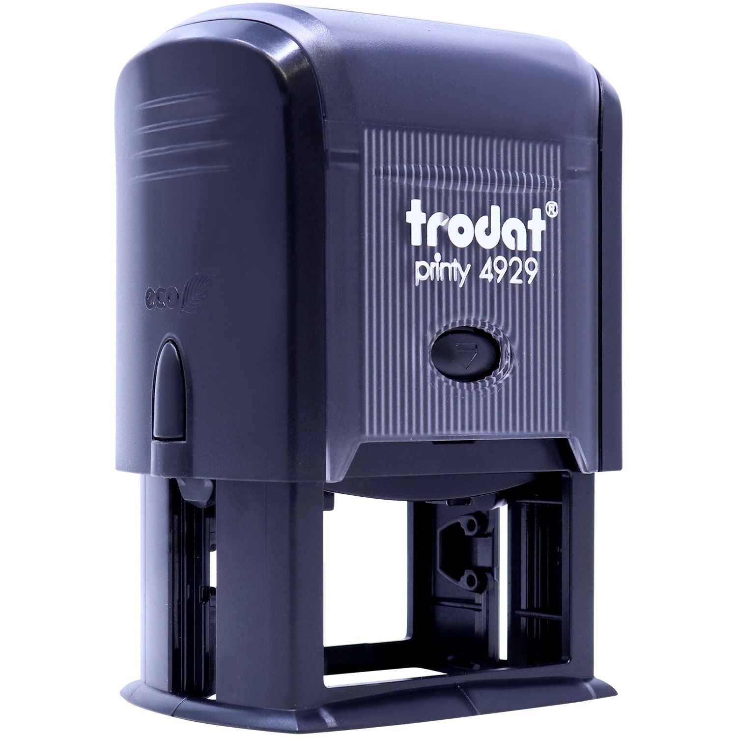 Custom Self Inking Stamp Trodat 4929 Size 1-3/16 x 2 in black, angled front view, showing the stamp mechanism and branding.