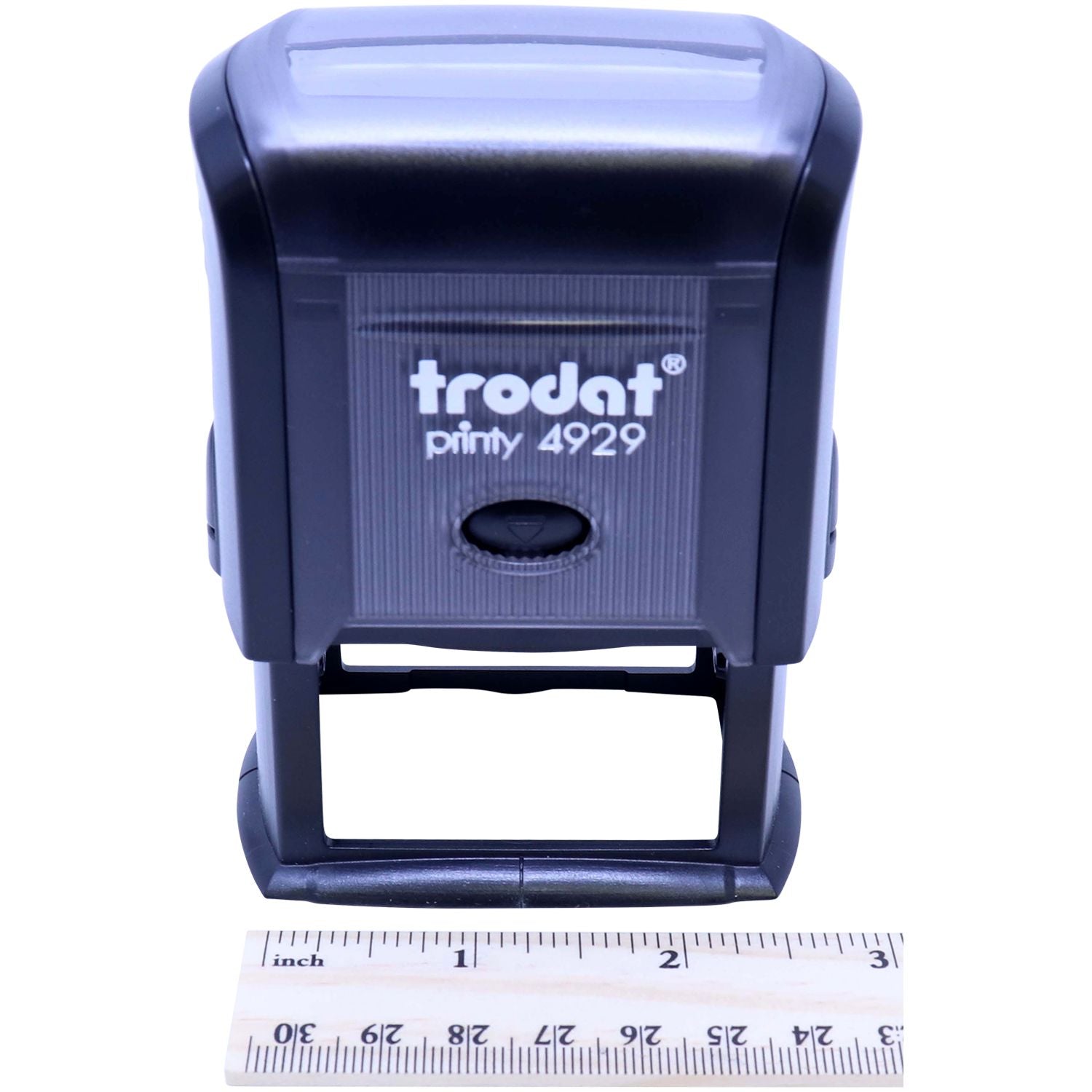 Custom Self Inking Stamp Trodat 4929 Size 1-3/16 x 2, black, front view with a ruler showing measurements in inches.