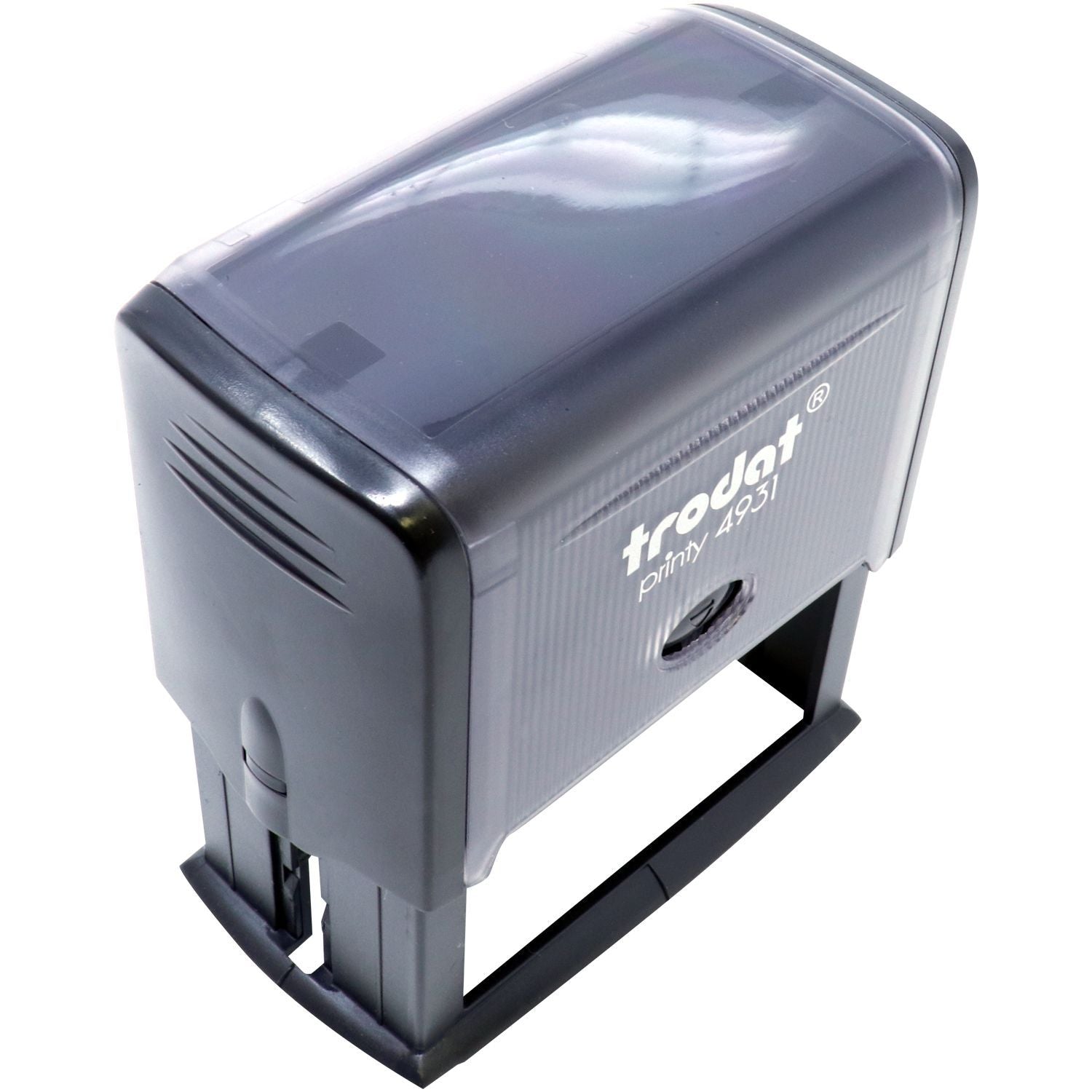 Custom Self Inking Stamp Trodat 4931 Size 1-1/8 x 2-3/4, shown in an angled front-side view with a black and gray design.