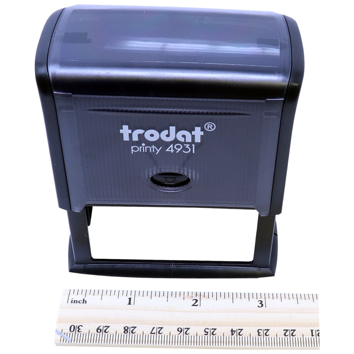 Custom Self Inking Stamp Trodat 4931 Size 1-1/8 x 2-3/4, black, angled front view with a ruler showing measurements in inches and centimeters.