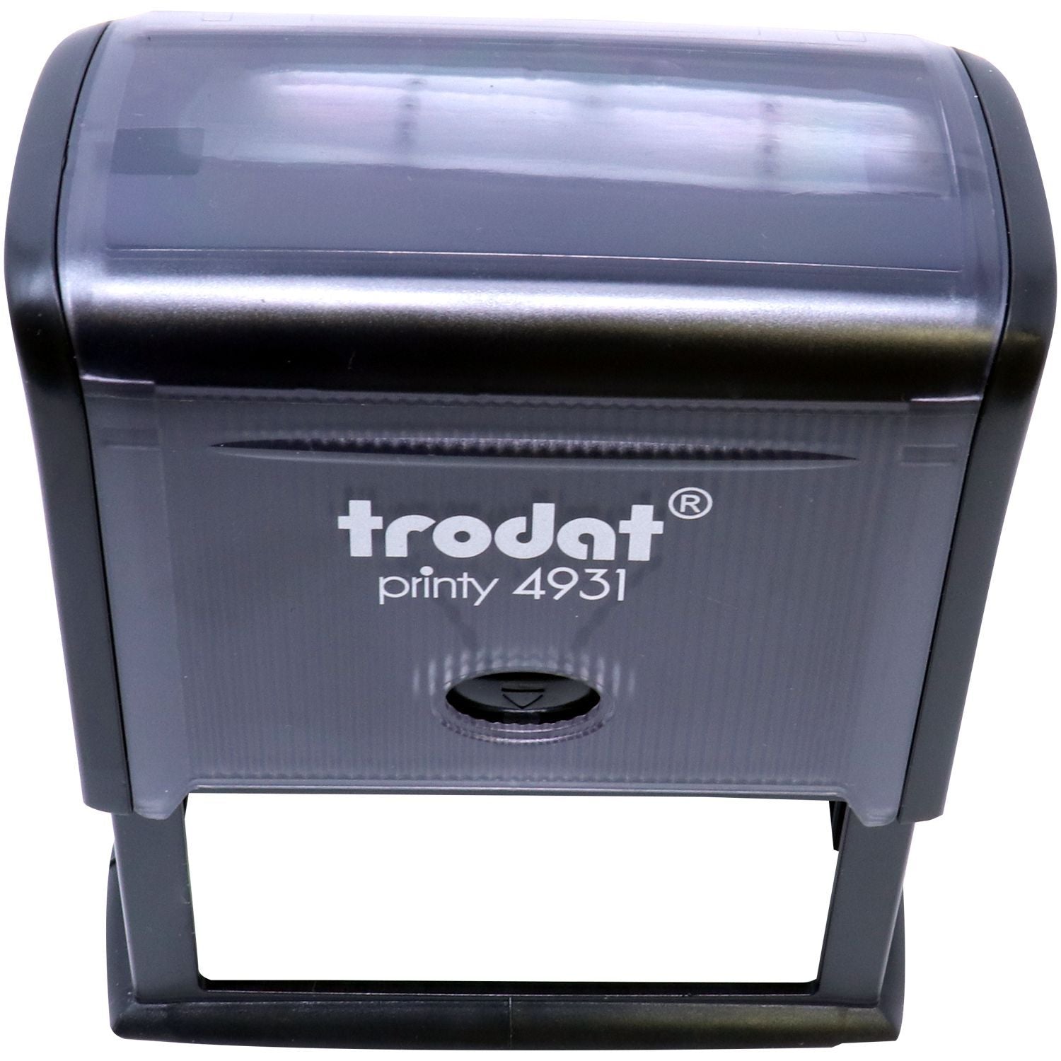 Custom Self Inking Stamp Trodat 4931 Size 1-1/8 x 2-3/4, black casing, angled front view, with trodat printy 4931 text visible.