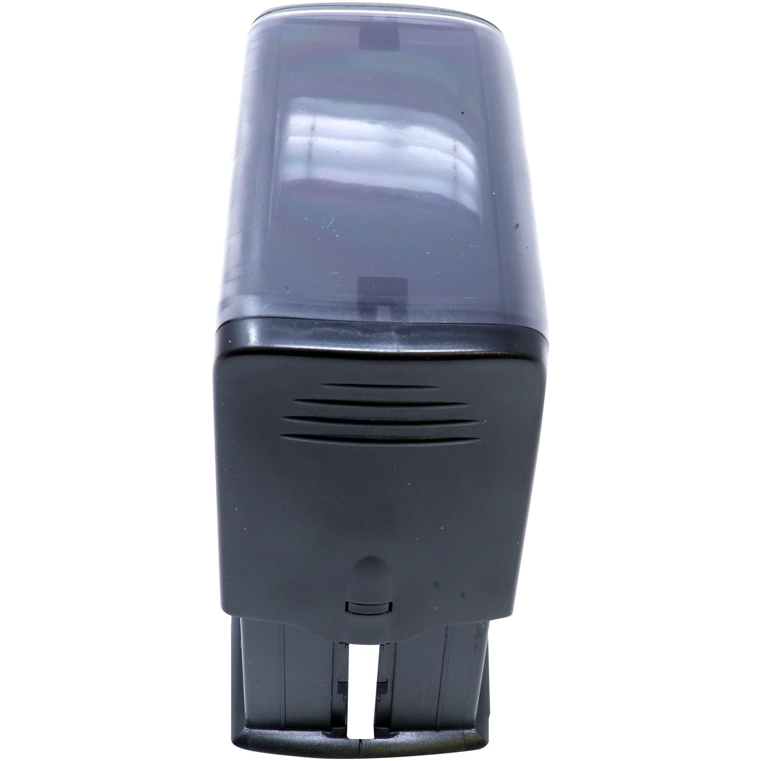 Custom Self Inking Stamp Trodat 4931 Size 1-1/8 x 2-3/4, shown in an angled side view with a black casing and clear top.