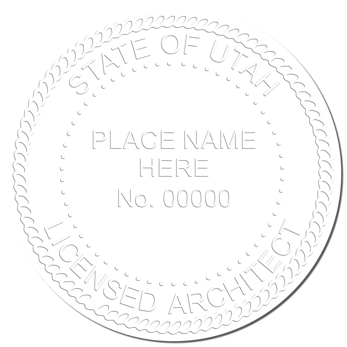 A photograph of the Utah Desk Architect Embossing Seal stamp impression reveals a vivid, professional image of the on paper.