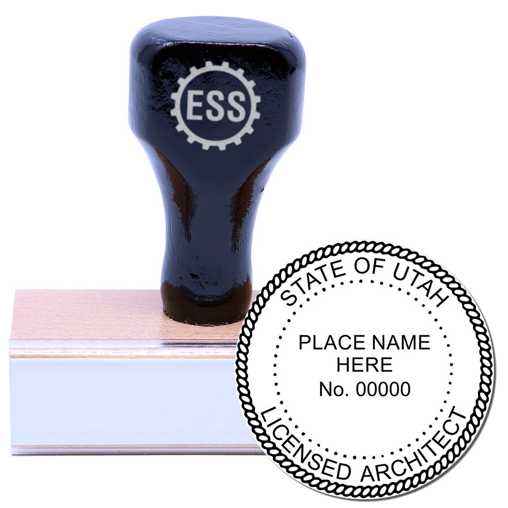 Wooden handle rubber stamp with Utah Architect Seal Stamp text and a circular seal design for licensed architects in Utah.