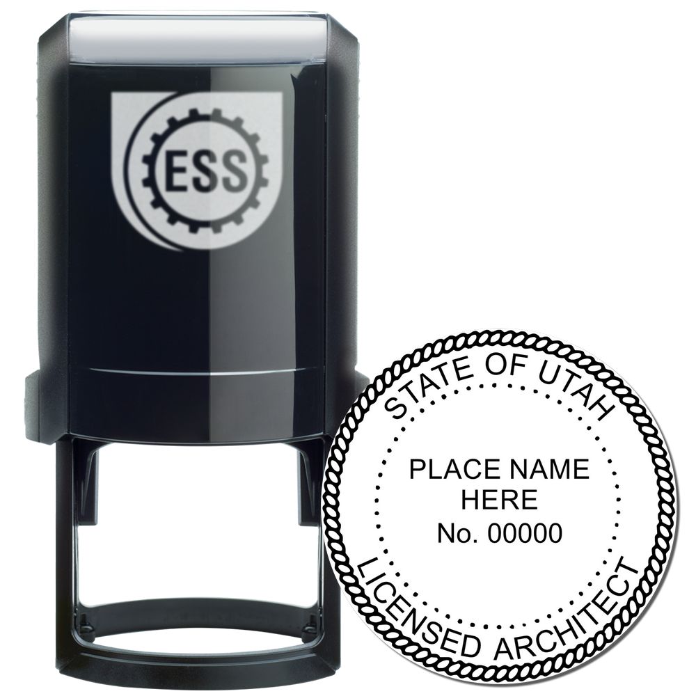 Self Inking Utah Architect Stamp with a black casing and a circular imprint design for licensed architects in Utah.