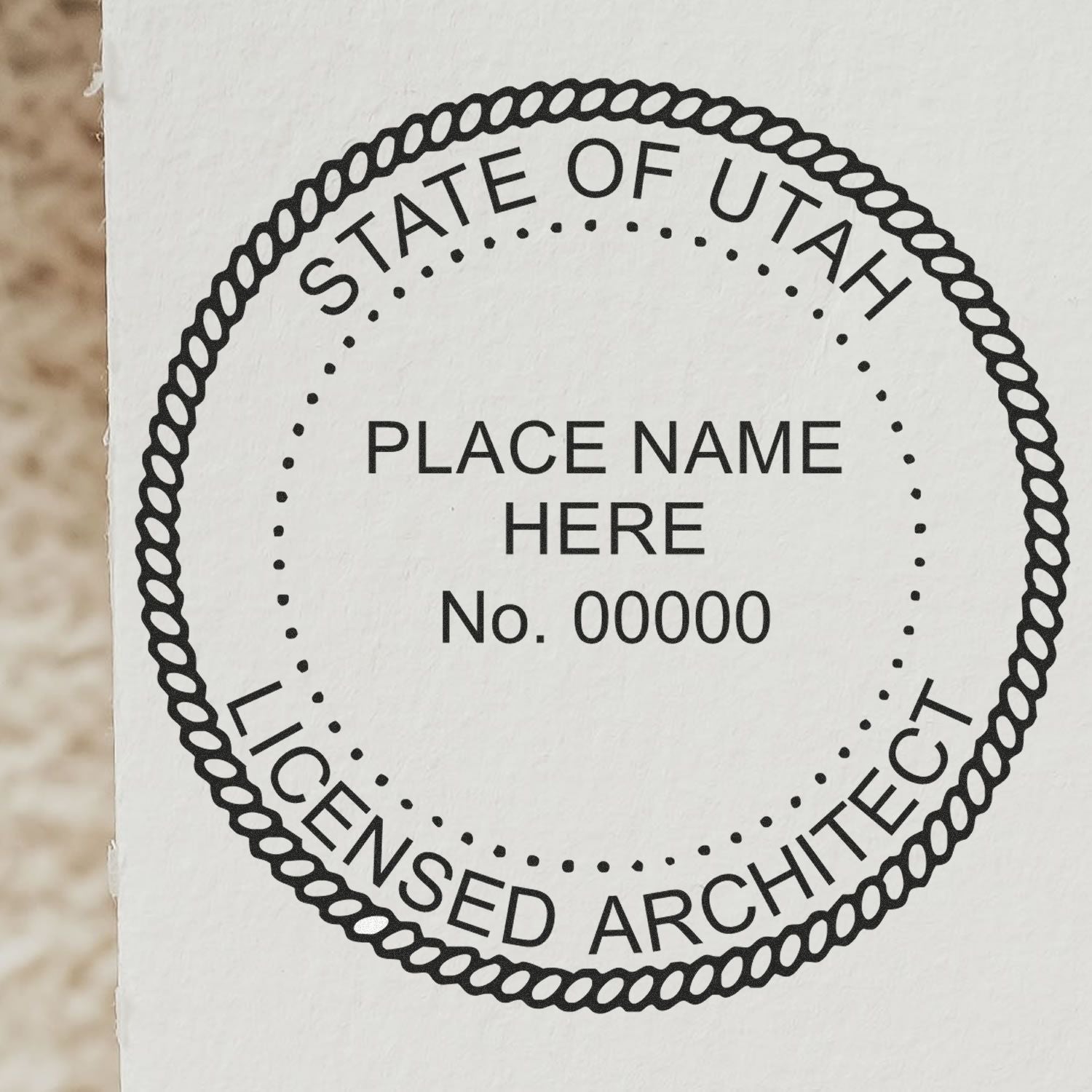 Digital Utah Architect Stamp, Electronic Seal for Utah Architect, displaying State of Utah Licensed Architect with placeholder for name and number.