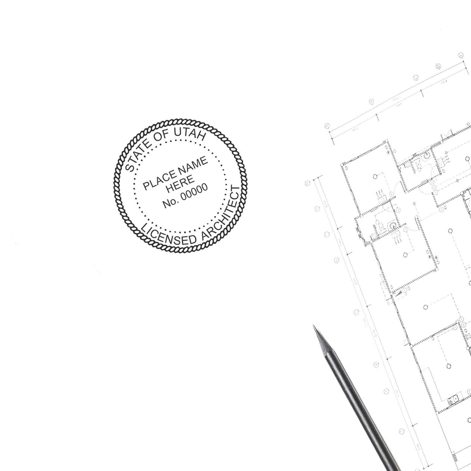 Architectural blueprint with a Utah Architect Seal Stamp and a pen. The stamp reads "State of Utah Licensed Architect" with space for name and number.