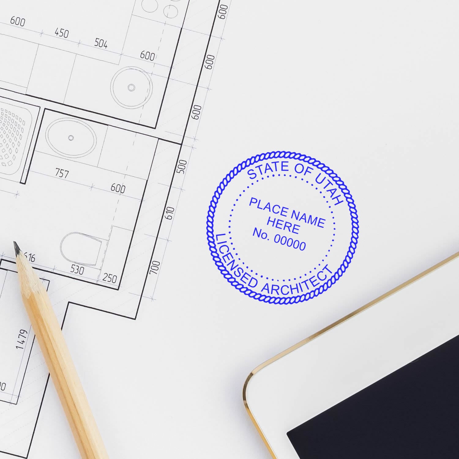 Digital Utah Architect Stamp, Electronic Seal for Utah Architect, stamped on architectural blueprint with pencil and tablet nearby.