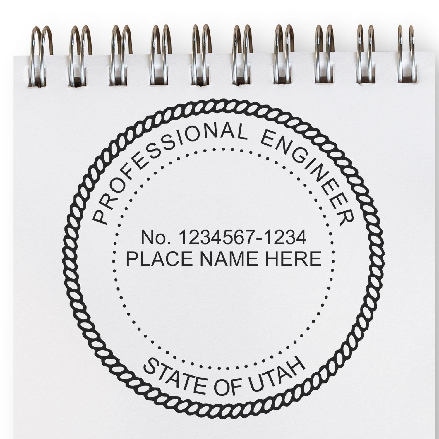 The main image for the Slim Pre-Inked Utah Professional Engineer Seal Stamp depicting a sample of the imprint and electronic files