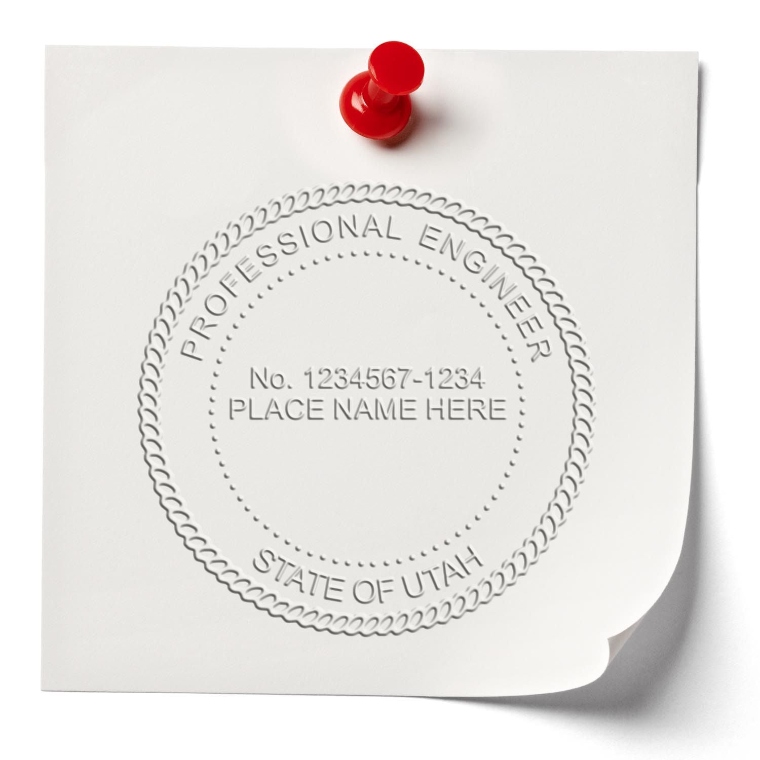 A lifestyle photo showing a stamped image of the Handheld Utah Professional Engineer Embosser on a piece of paper