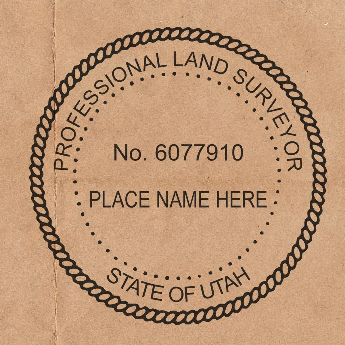 A lifestyle photo showing a stamped image of the Slim Pre-Inked Utah Land Surveyor Seal Stamp on a piece of paper