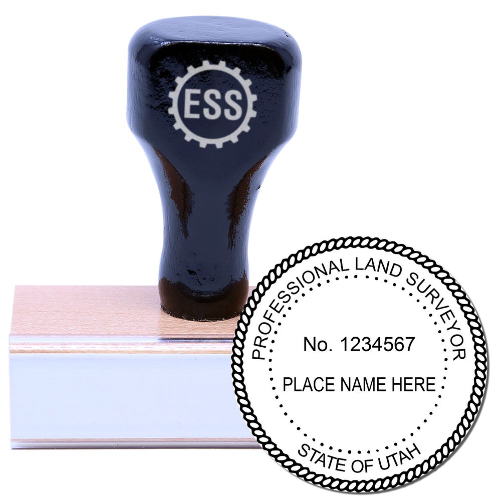 Utah Land Surveyor Seal Stamp, UT PLS Stamp with wooden handle and engraved seal for professional land surveyors in Utah.