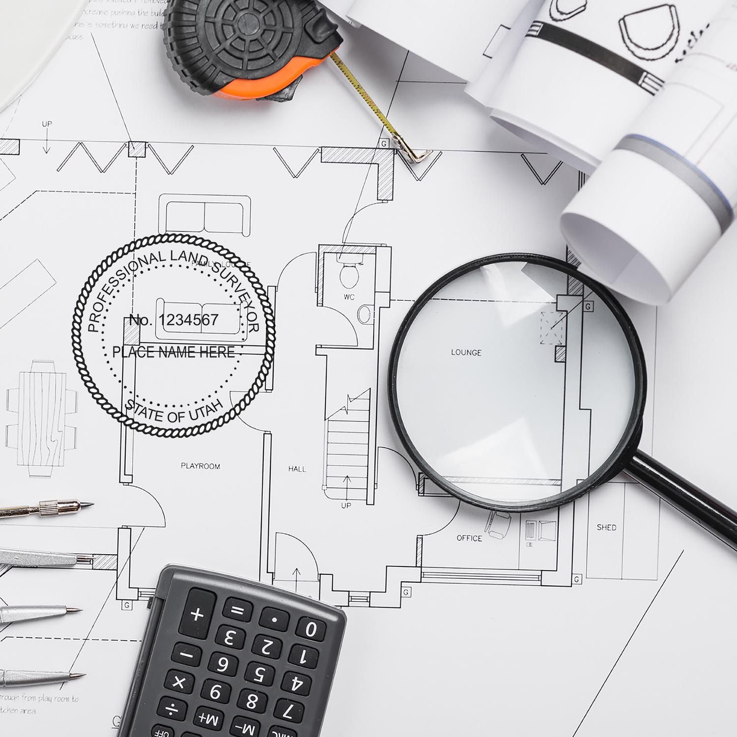 Digital Utah Land Surveyor Stamp, Electronic Seal for Utah Land Surveyor, on architectural blueprints with magnifying glass, calculator, and tools.