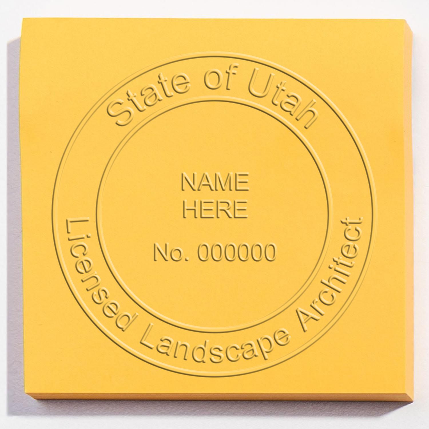 A photograph of the State of Utah Handheld Landscape Architect Seal stamp impression reveals a vivid, professional image of the on paper.