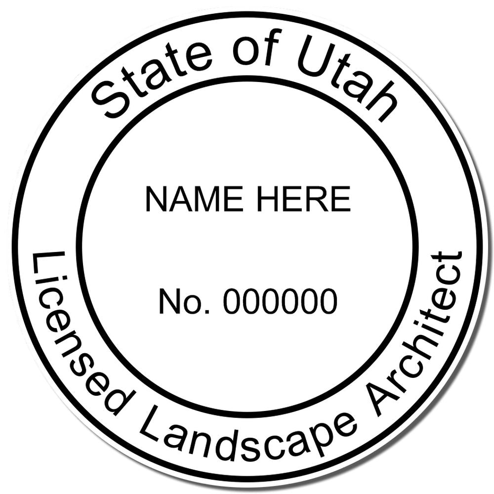 A lifestyle photo showing a stamped image of the Slim Pre-Inked Utah Landscape Architect Seal Stamp on a piece of paper