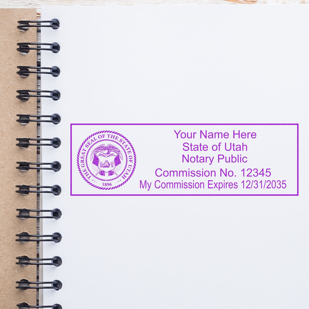 A stamped impression of the Self-Inking State Seal Utah Notary Stamp in this stylish lifestyle photo, setting the tone for a unique and personalized product.